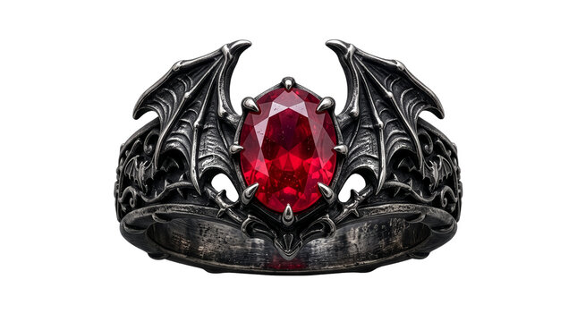 Sinister gothic ring with glowing crimson jewel and sculpted bat-inspired setting, Halloween PNG