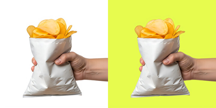 Hand holding bag of potato chips snack and yellow backgrounds