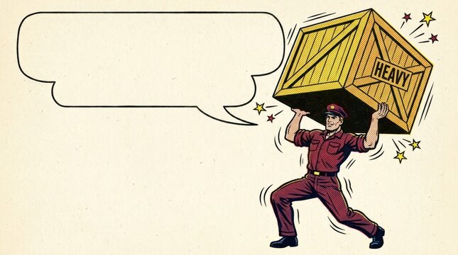 Comic book style illustration of a delivery person carrying a very heavy wooden crate above their head