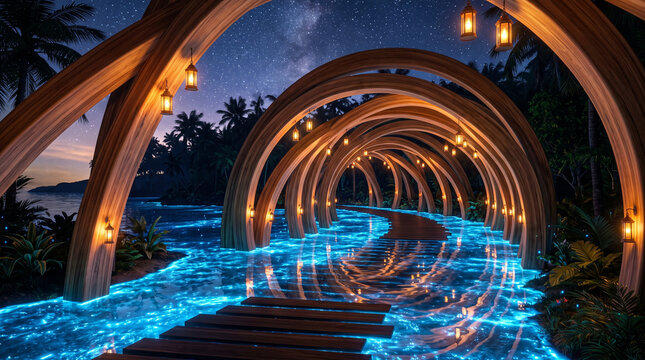 concept showing a luminous tropical pathway with curved wooden archways over glowing blue water beneath a starry night sky.