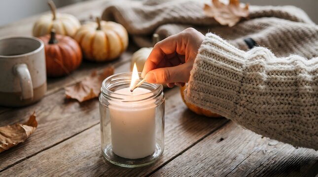 Cozy autumn still life with pumpkins candle warm blanket and a mug of tea