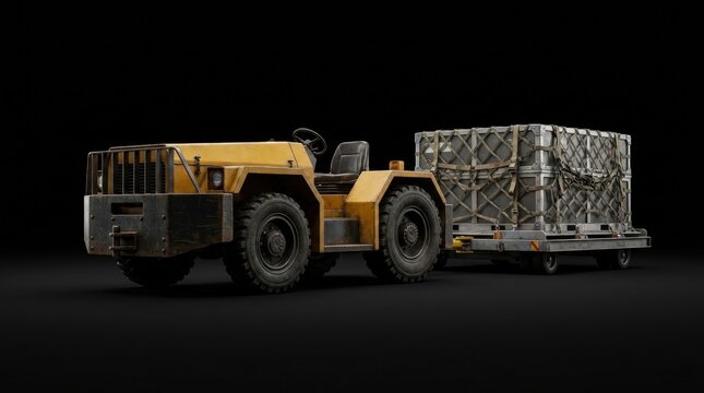 Yellow tow tractor with cargo container on trailer viewed from side career skills
