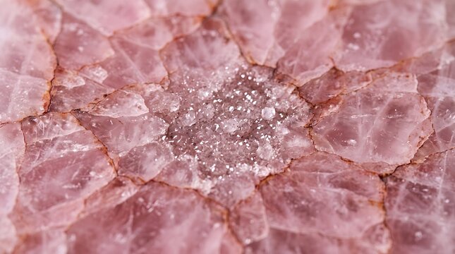 Polished pink quartz slab featuring natural crystalline structures with shimmering facets and elegant translucent layers captured in a close-up macro view