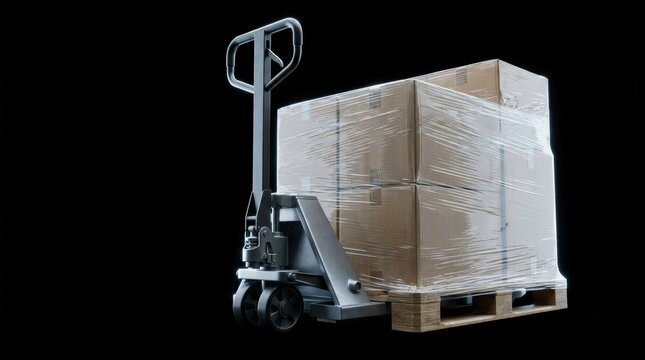 Manual pallet jack lifting stacked cardboard boxes wrapped in clear plastic film
