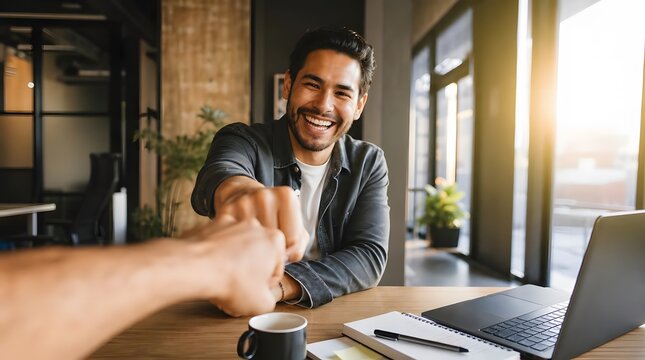 POV giving fist bump to laughing coworker celebrating win in office.