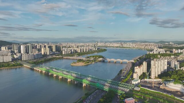 Aerial Drone View of Hangang Railway Bridge and Han River Cityscape in Seoul, South Korea