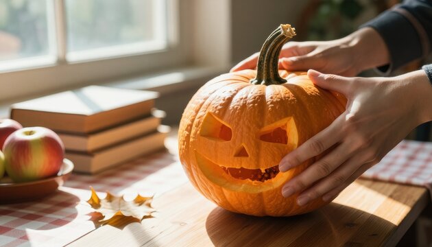 A close up of hands skillfully carving a pumpkin with a playful jack o lantern face for halloween festivities