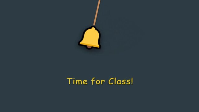 Animated hanging school bell swinging with text Time for Class! on dark background motion graphic loop