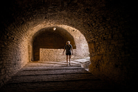 Exploring the Castle of Gjirokastra in  the UNESCO village of Gjirokast&euml;r in the mountains of Albania.