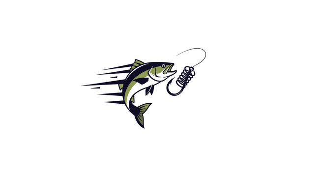 Dynamic fishing logo design featuring a powerful bass fish jumping out of the water towards a sharp metal hook.