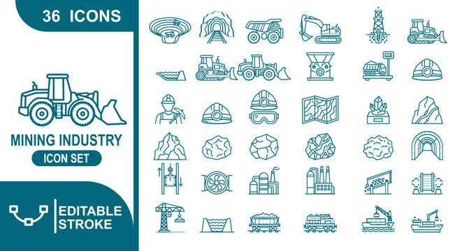 Mining Heavy Machinery Line Icons Set Loader Bulldozer Digging Equipment Mineral Quarry Vector Illustration