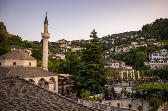 Sunset over the UNESCO village of Gjirokast&euml;r in the mountains of Albania.