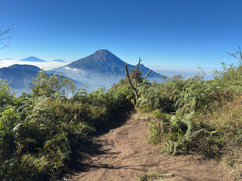 The beauty of nature and Mount Sindoro in Indonesia, set against a clear blue sky. This view is seen from Mount Pakuwaja.