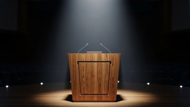 A front-view shot of an empty wooden podium stand with two gooseneck microphones illuminated by a spotlight on a dark stage.