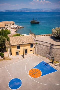 A basketball court in the city of Corfu on the island of Corfu in Greece.