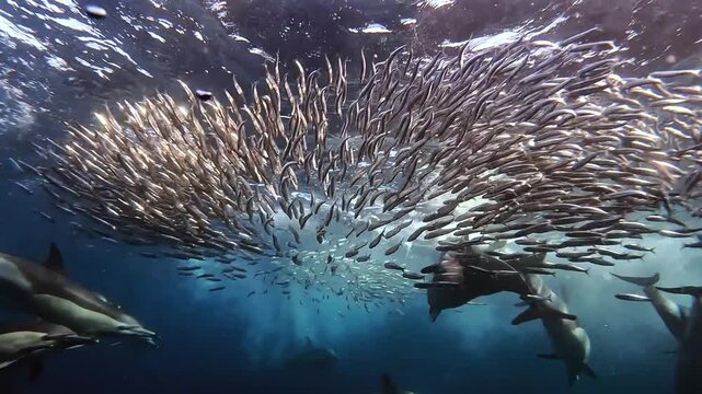 A common dolphin swimming close to the camera before turning toward a sardine baitball, revealing several dolphins hunting together during the annual Sardine Run off the coast of South Africa.

