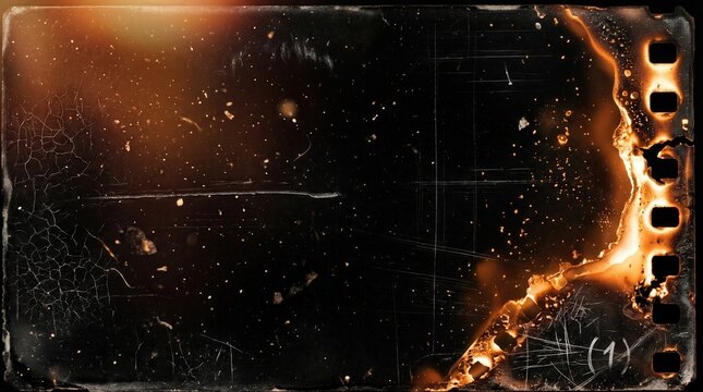 Distressed film burn frame with light leaks, cracked emulsion texture, floating dust particles, scratched celluloid effect, warm glow flare, grunge cinematic overlay, black background