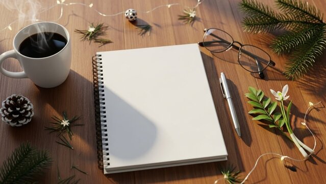 A cozy flat lay shot of a blank spiral notepad with pen, eyeglasses, steaming coffee, pine branches, and fairy lights on a wooden desk.