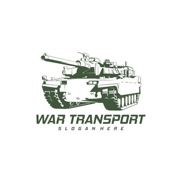 Military Tank War Transport Vector Logo. A detailed monochrome vector illustration of a heavy military battle tank equipped with a long cannon and crawler tracks, army green silhouette style.
