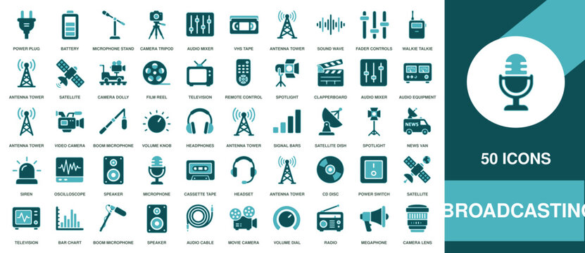 Curated collection of 50 dark teal broadcasting icons for media production and audio visual technology interface design and development