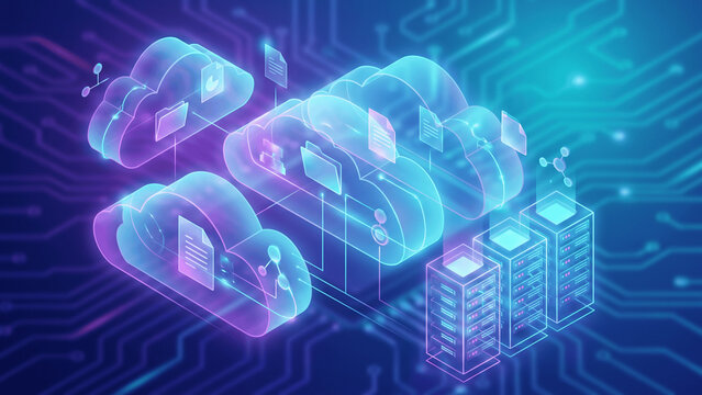 Abstract cloud computing and data innovation concept with glowing servers and digital cloud networks.
