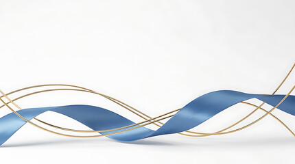 Fototapeta premium Elegant blue ribbon flowing with gold curves on a clean white background