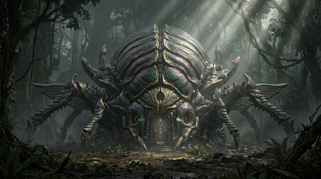 a digital fantasy illustration of a giant, armored insectoid or arachnid creature with a cavernous doorway built into its front in a misty forest. 
