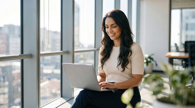 Smiling businesswoman use laptop beside office window
