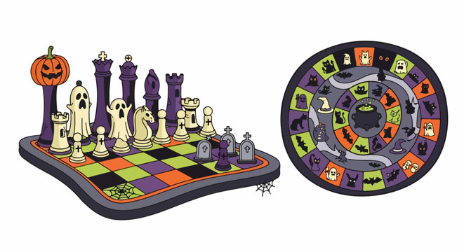 Halloween themed chess set and board game illustration