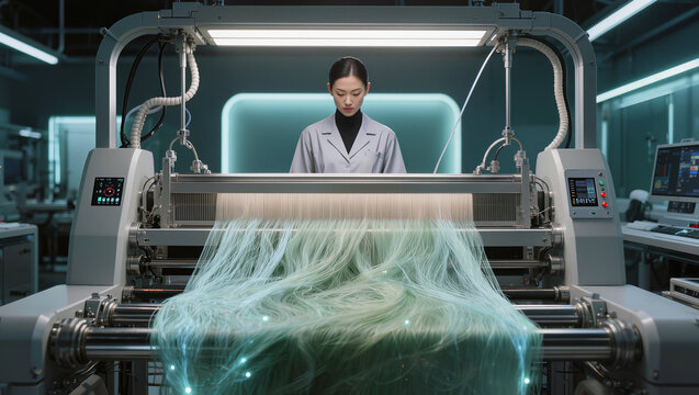 Textile engineer overseeing high tech robotic loom weaving sustainable bio algae fabric in modern futuristic atelier