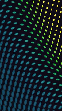 Vertical halftone wave sweeps across dark space in a vintage 3D animation using luminous green and cyan gradient dots for digital motion backdrops