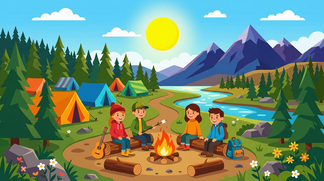 A colorful cartoon illustration of four children sitting around a campfire roasting marshmallows at a campsite with tents, pine trees, a winding river, and mountains under a bright sunny sky.