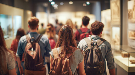 Fototapeta premium People with backpacks walk through a brightly lit museum or gallery, surrounded by display cases and exhibits, viewed from behind.