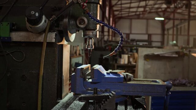 Industrial milling machine standing idle in metalworking workshop with camera panning around equipment. Footage is ideal for corporate videos about manufacturing, engineering, and heavy industry