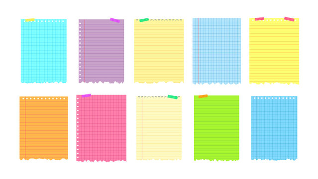 Set of colorful torn notebook paper sheets with lines and grids for creative office projects transparent background