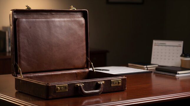 Eye-level view of an open leather briefcase on a dark wood desk, illustrating business opportunity and an empty space for content.