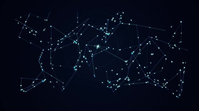 Dynamic 2D wireframe mesh with glowing cyan nodes, lines, and central radar rings. Cyber space, internet networking, and artificial intelligence motion graphics.