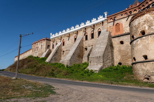 Long fortification walls and massive stone buttresses of historic Medzhybizh fortress