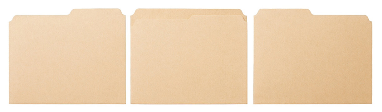Set of three blank file folders on transparent background