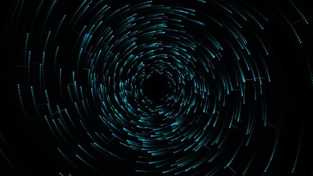 Abstract glowing cyan particle spiral vortex on a dark background. Futuristic cyber tunnel and digital data flow loop.