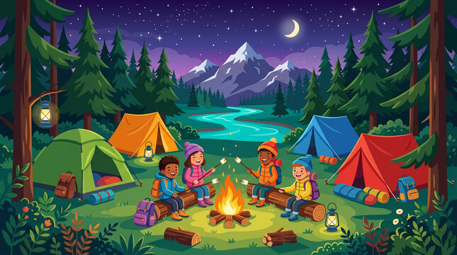 A colorful cartoon illustration of diverse children sitting on logs around a cozy campfire, roasting marshmallows at a campsite with tents, a river, and mountains under a starry night sky.