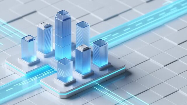 Isometric 3D render of geometric glass towers representing corporate mergers and acquisitions in global finance showcasing smart city network background