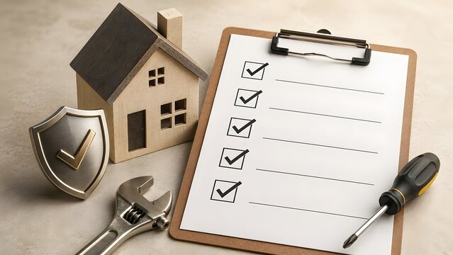 Home inspection and maintenance checklist with wooden house model security shield and screwdriver representing property insurance and construction quality control