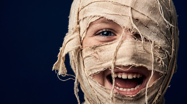 Close up portrait of laughing child in mummy Halloween costume