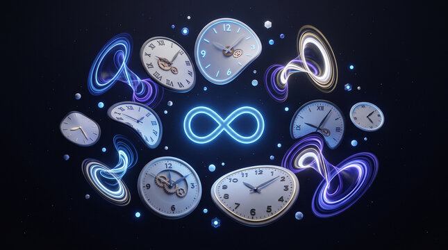 a surreal time-travel concept featuring multiple analog clocks and melting clock faces arranged around a glowing blue infinity symbol on a dark background.