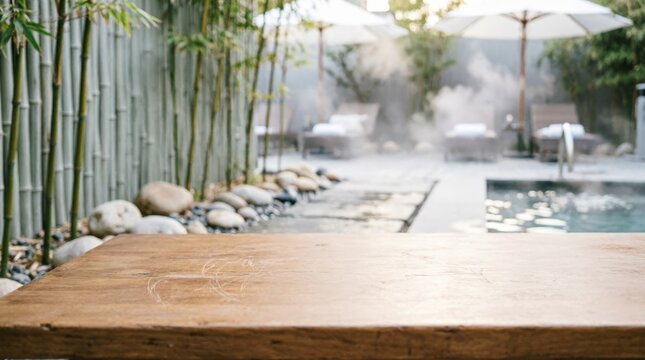 Wooden Table Top with Bamboo Garden and Spa Pool Background for Product Display