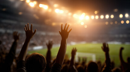 Fototapeta premium Fans raise their hands in celebration at a stadium filled with bright lights and a lively crowd during a nighttime sports event.