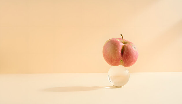Firefly Ultra-realistic premium Smart Food Waste concept featuring a single imperfect apple balanced carefully on a glass sphere against a soft minimalist backdrop