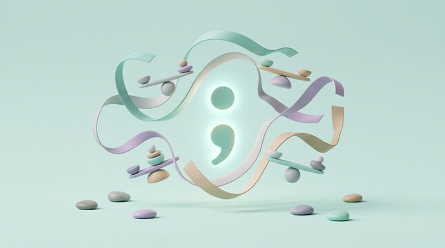  glowing teal semicolon symbol surrounded by pastel ribbons, balancing scales, and small stones against a soft green background.