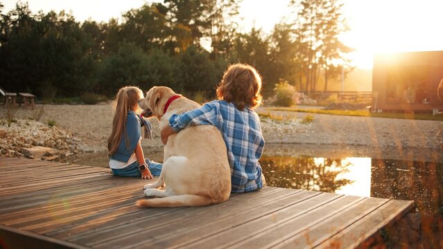 View from behind of little Caucasian brother and sister sitting on bridge. Boy hugging big dog. Kids enjoying warm sunlight. Looking at sunset while spending time with loved family pet.